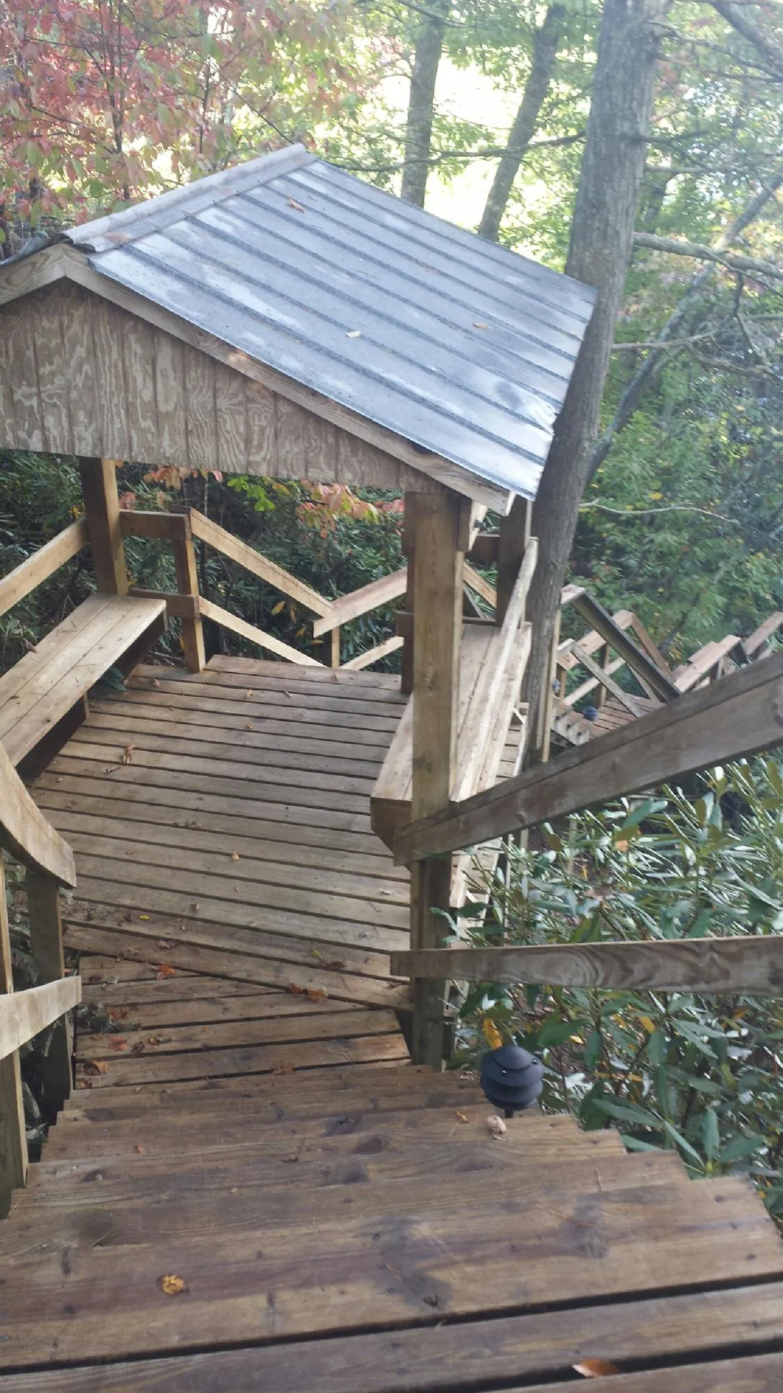 Metal roofed shelter over wooden steps on a wooded walkway — Skylight Repair & Installation work by our crew in Saugatuck